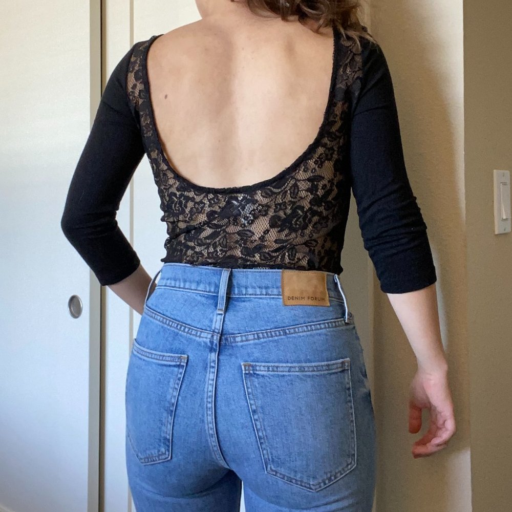 Zara black floral lace scoop-back 3/4 sleeve shirt